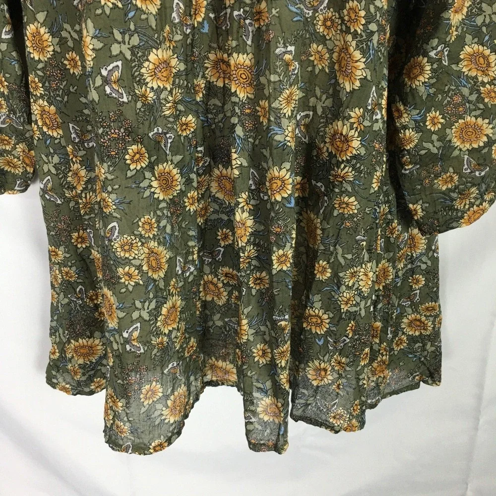 Natural Life Sunflower Butterfly Cotton Tunic Top L/XL Olive Green Boho Frayed